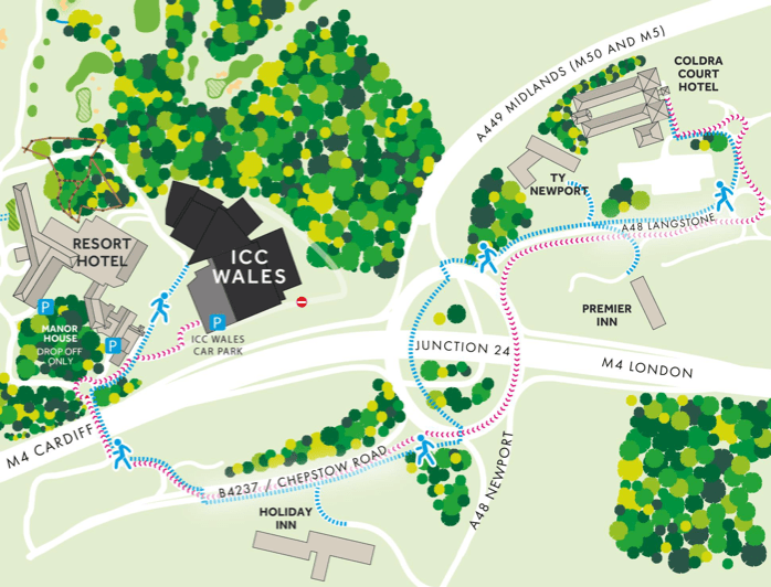 Illustration showing the proximity of several hotels to the ICC Wales