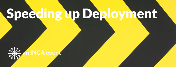 Speeding up Deployment text over a yellow and black chevron graphic