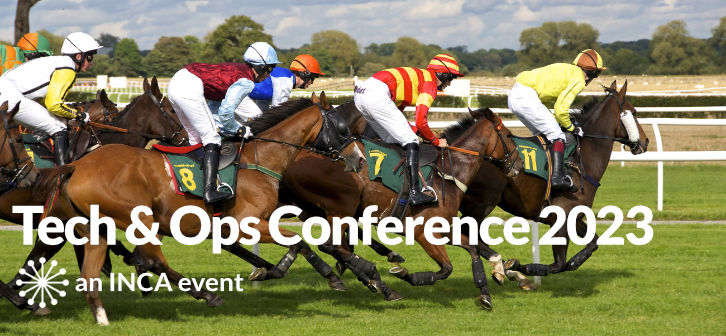 INCA Tech & Ops Conference 2023 text overlaid on a photo of a horse race